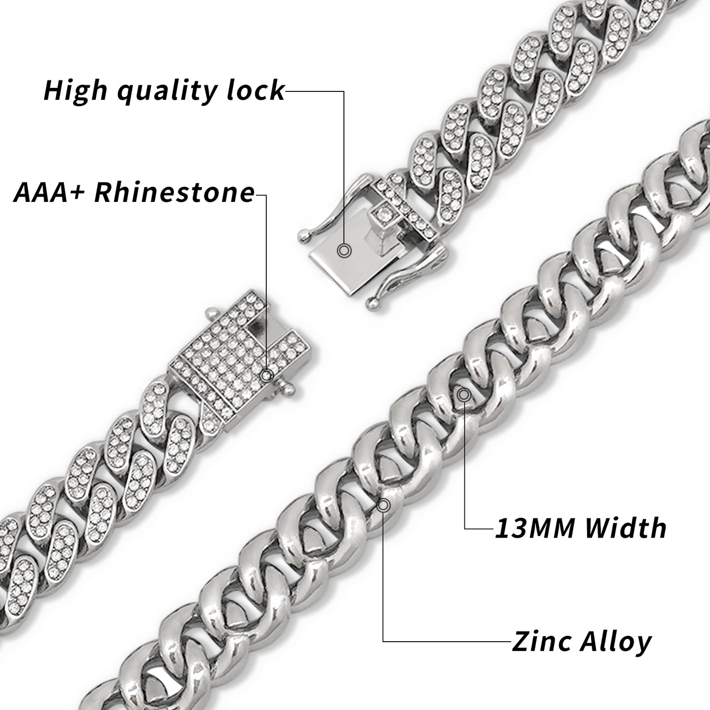 Cuban Link Chain ,ICEDATA Hip Hop Link 13MM Width AAA+ Rhinestone Zinc Alloy Cuban Chain for Men