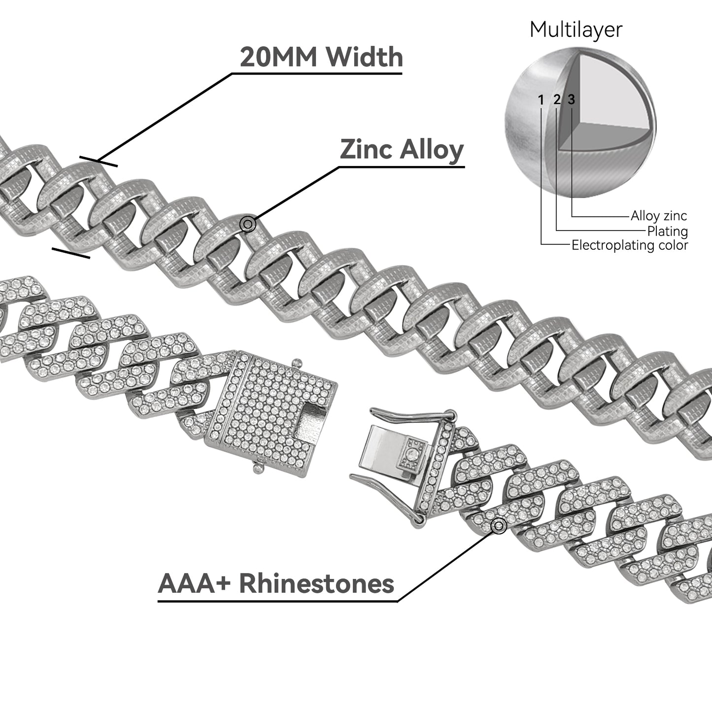 Cuban Link Chain for Men, ICEDATA Hip Hop Link 20MM Cuban Chain Zinc Alloy AAA+ Rhinestone Necklace