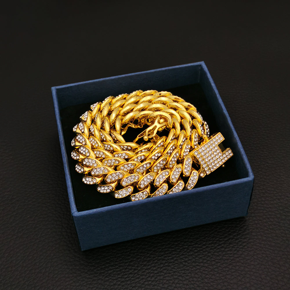 Cuban Link Chain ,ICEDATA Hip Hop Link 13MM Width AAA+ Rhinestone Zinc Alloy Cuban Chain for Men